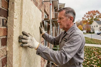 Ouvrier posant des panneaux d'isolation thermique par l'extérieur sur une facade en brique