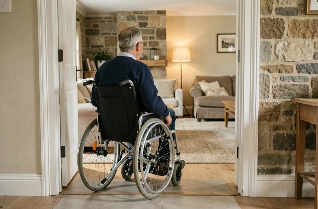 Personne en fauteuil roulant franchissant une porte élargie dans une maison ancienne rénovée selon les normes d'accessibilité handicap