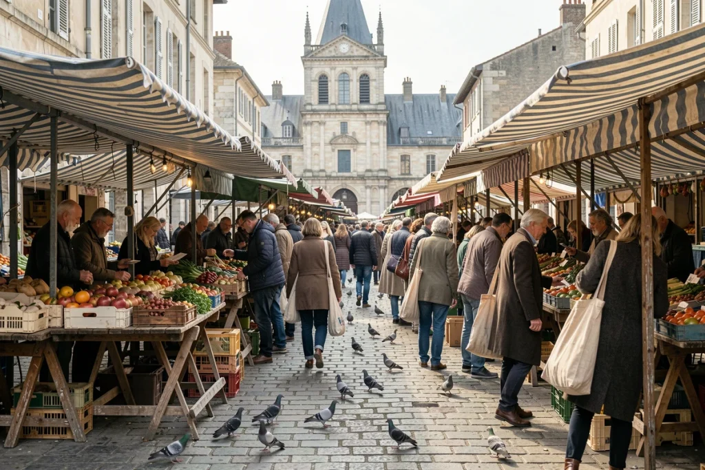 Marché du samedi matin animé sur une place historique de Blois avec vendeurs et badauds
