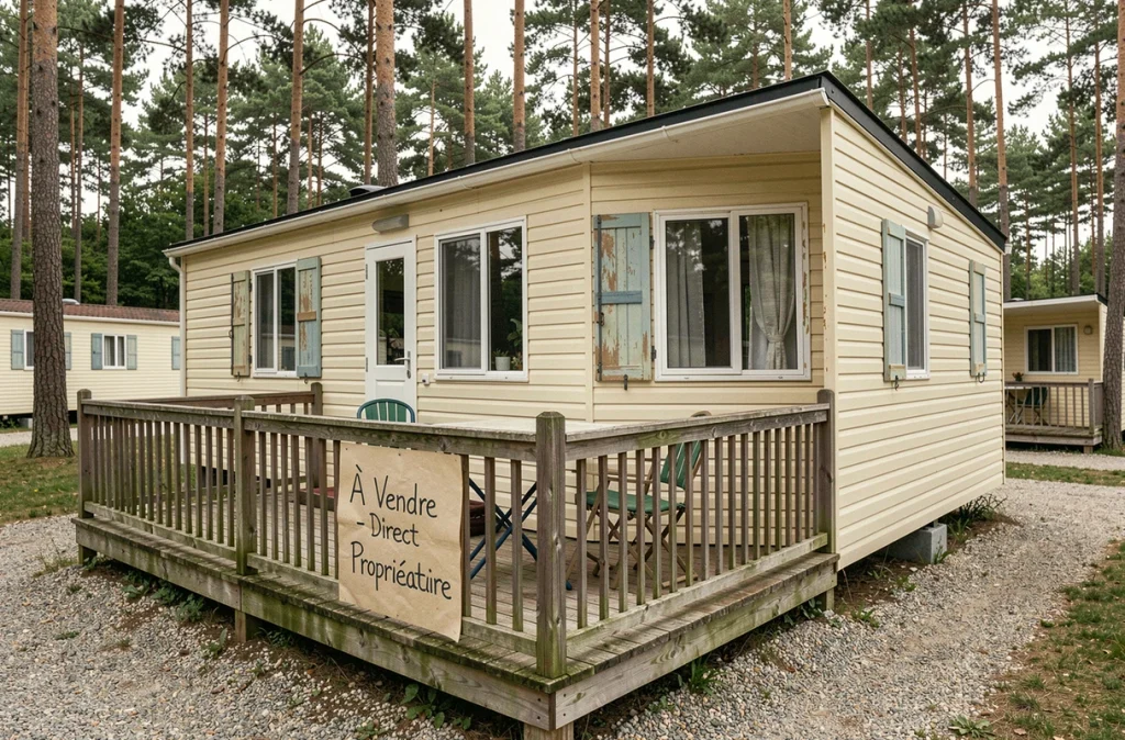 Mobil-home occasion à vendre en direct propriétaire dans un camping ouvert à l'année avec panneau de vente