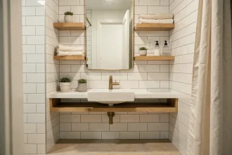 Salle de bain modernisée avec vasque en céramique blanche, robinetterie dorée brossée et étagères en bois ouvertes avec accessoires décoratifs minimalistes