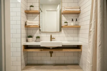 Salle de bain modernisée avec vasque en céramique blanche, robinetterie dorée brossée et étagères en bois ouvertes avec accessoires décoratifs minimalistes