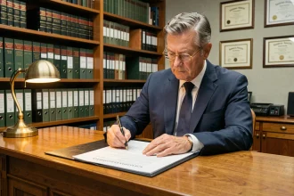 Propriétaire senior examinant un contrat de nue-propriété immobilière dans un bureau notarial élégant