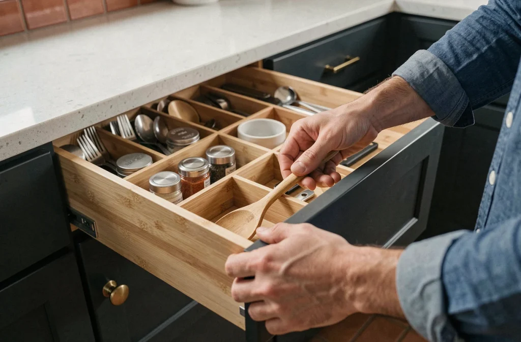 Rangement organisé d'un tiroir de cuisine avec séparateurs en bambou et ustensiles
