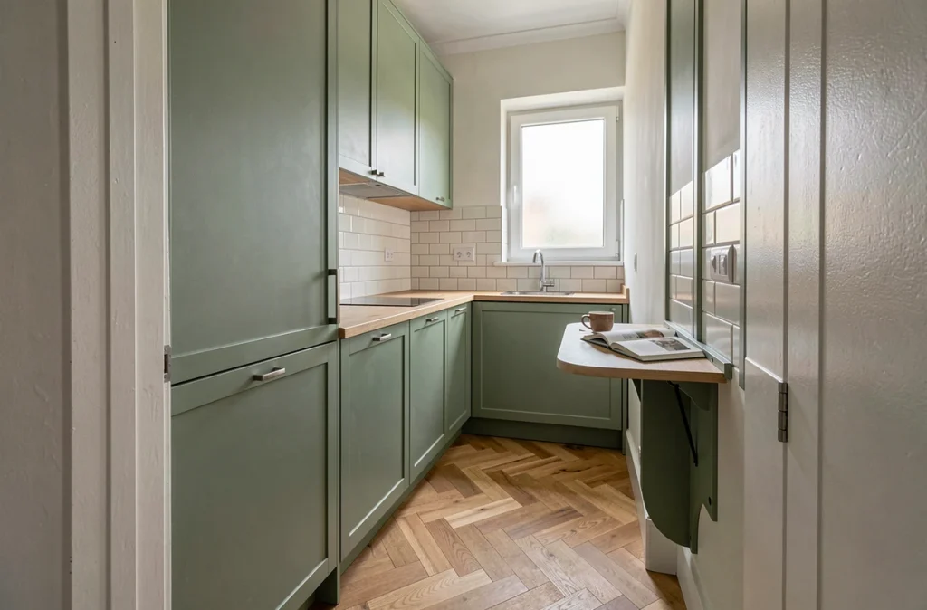 Petite cuisine réaménagée avec rangements du sol au plafond et comptoir rabattable