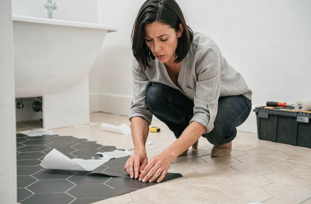 Femme posant des carreaux adhésifs vinyle géométriques sur le sol d'une salle de bain lors d'une rénovation sans gros travaux