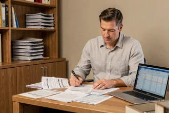 Un propriétaire examine des documents fiscaux liés à la location meublée non professionnelle dans son bureau à domicile
