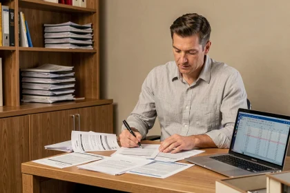 Un propriétaire examine des documents fiscaux liés à la location meublée non professionnelle dans son bureau à domicile