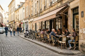 Rue animée d'un quartier commerçant de Blois avec terrasse de café et passants en mouvement