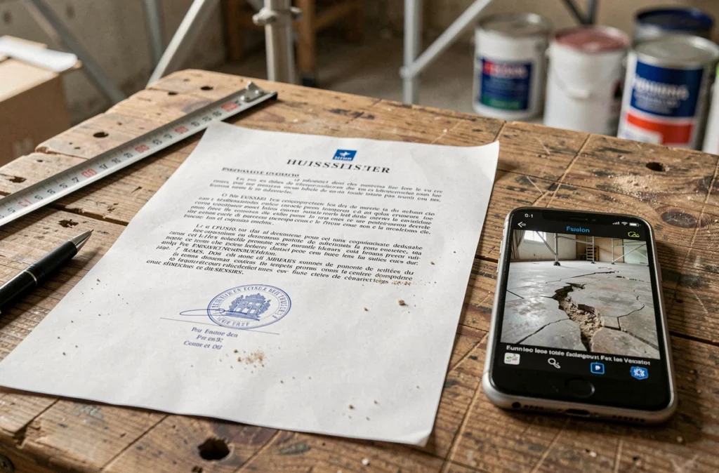 Rapport de constat d'huissier posé sur un établi de chantier avec matériel de mesure avant démarrage des travaux