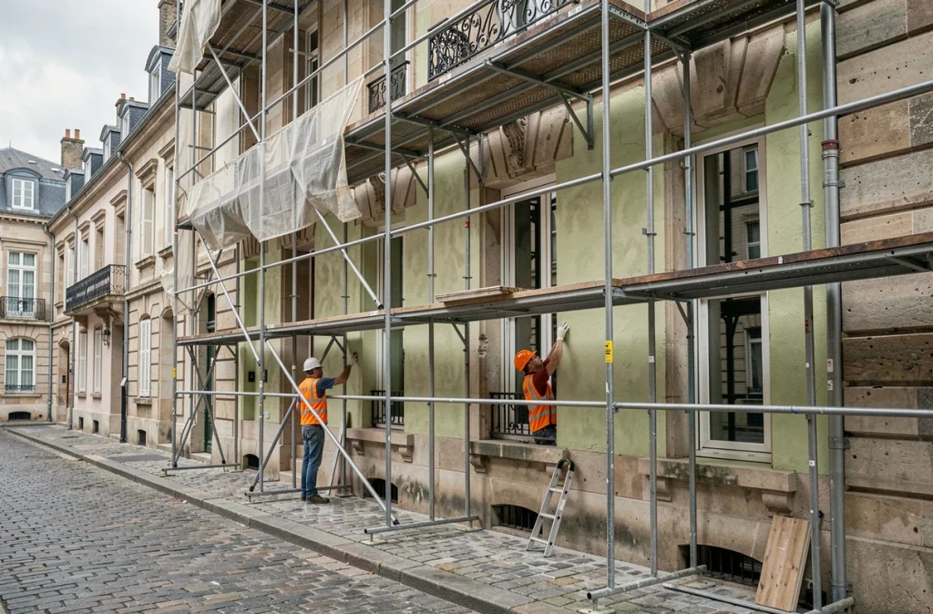 Ravalement de facade d'une maison ancienne en province avec échafaudage dans le cadre d'une rénovation Denormandie