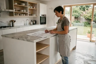 Femme réaménageant sa cuisine moderne avec îlot central et rangements ouverts