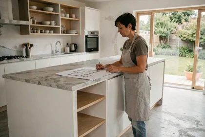 Femme réaménageant sa cuisine moderne avec îlot central et rangements ouverts
