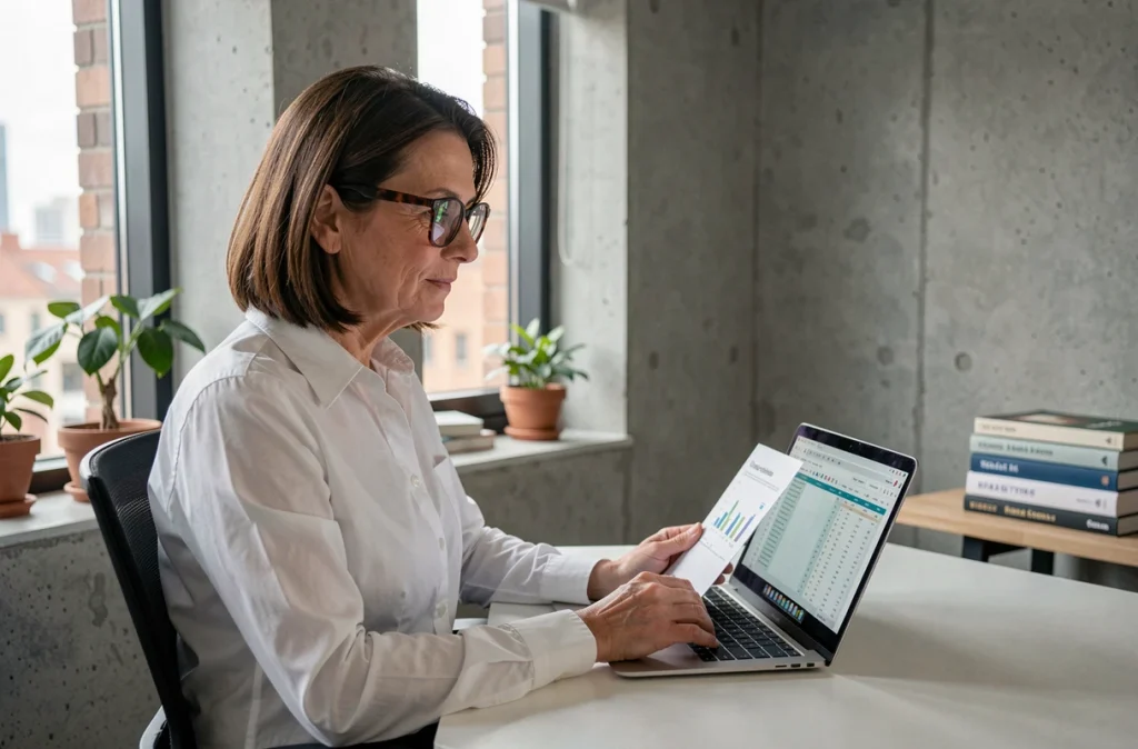 Femme analysant une stratégie de réduction d'impôts via la nue-propriété immobilière sur ordinateur portable à son bureau