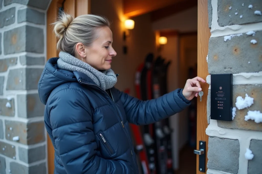 Locataire récupérant les clés d'un appartement de location entre particuliers dans une résidence de ski aux Menuires