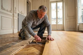 Artisan en train de remplacer des lames de parquet ancien dans un appartement haussmannien avec motif en chevrons