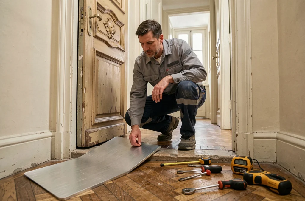 Artisan installant une rampe de seuil en aluminium dans un appartement ancien pour améliorer l'accessibilité aux personnes à mobilité réduite