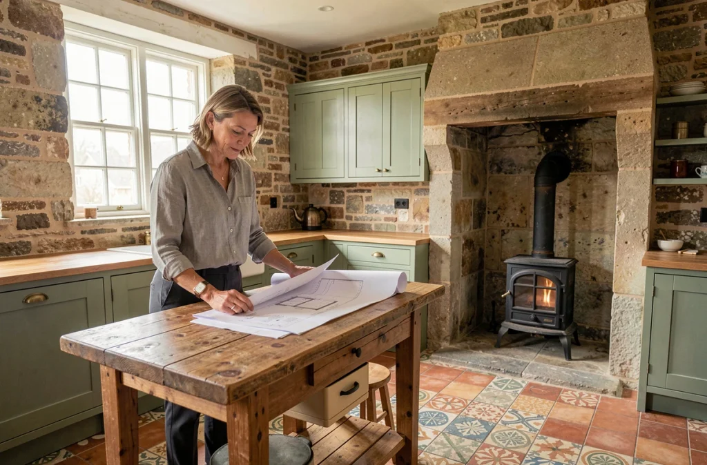 Femme architecte examinant des plans dans une cuisine ancienne rénovée avec des matériaux traditionnels