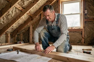 Menuisier mesurant des lames de parquet dans un grenier en cours de rénovation avec des poutres en bois apparentes