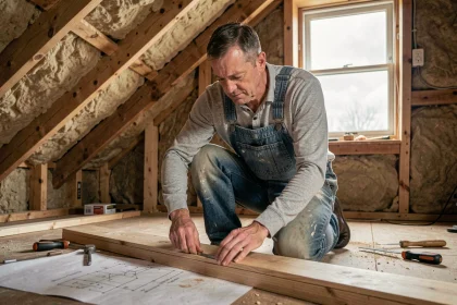 Menuisier mesurant des lames de parquet dans un grenier en cours de rénovation avec des poutres en bois apparentes