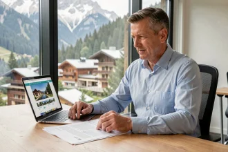 Propriétaire consultant des documents de revente de multipropriété Pierre et Vacances dans un bureau avec vue sur une station alpine