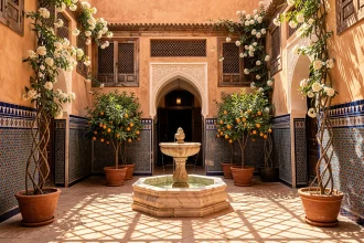 Patio traditionnel d'un riad marocain à Marrakech avec fontaine centrale, zellige coloré et arches en stuc sculpté, idéal pour illustrer l'immobilier de luxe en médina