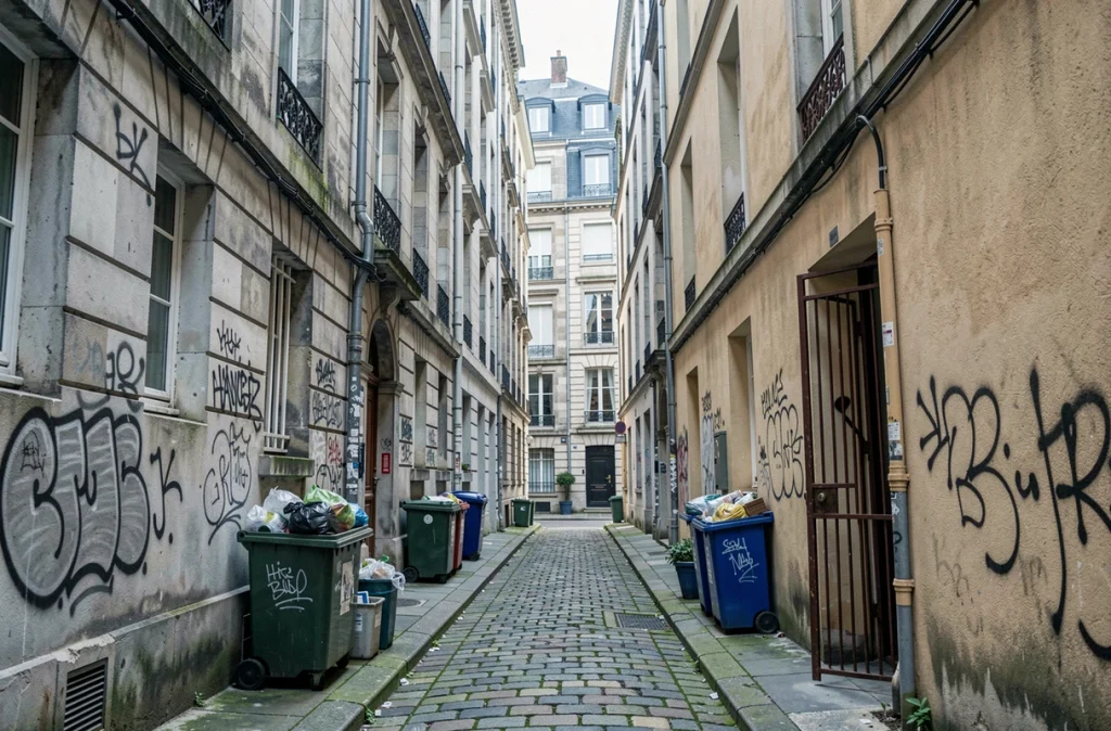Ruelle étroite d'un quartier dense de Nantes avec façades dégradées et déchets sur la voie publique