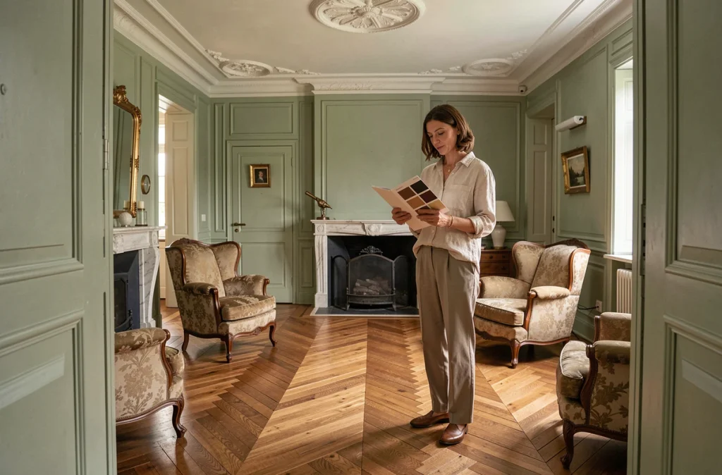 Salon rénové avec parquet en chevrons restauré dans une maison bourgeoise du XIXe siècle préservant le style d'origine