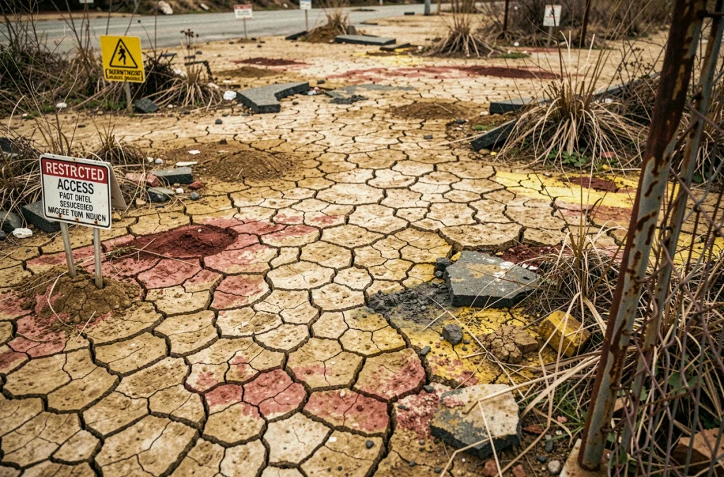 Sol fissuré et décoloré d'un terrain industriel abandonné avec panneaux d'avertissement signalant des risques de pollution