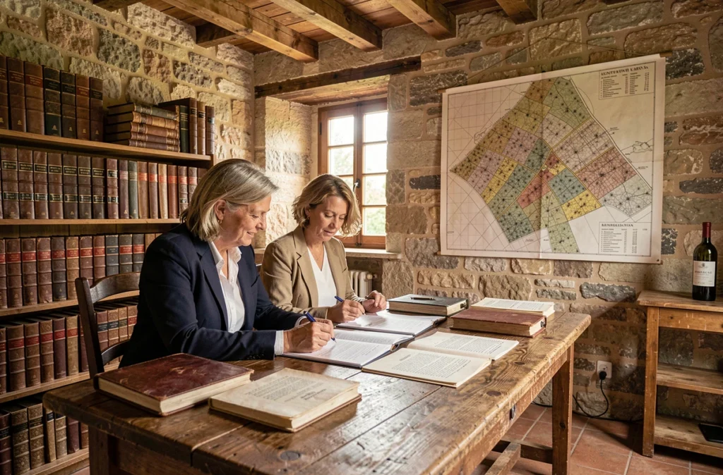 Notaire et héritière examinant des documents de succession pour la vente d'un vignoble à Bordeaux