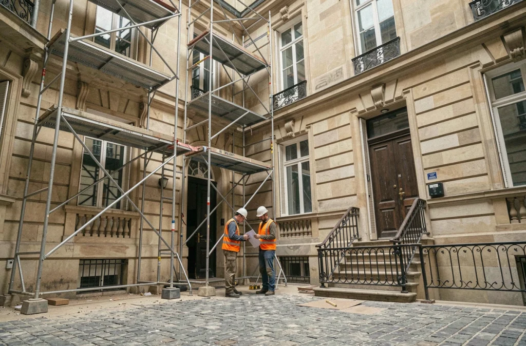 Travaux de rénovation en cours dans la cour d'un immeuble en copropriété avec échafaudages et ouvriers