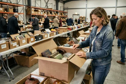 Femme examinant des lots de box abandonnés dans une salle de vente aux enchères en France