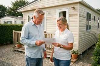 Couple consultant une offre de vente de mobil-home occasion dans un camping ouvert à l'année