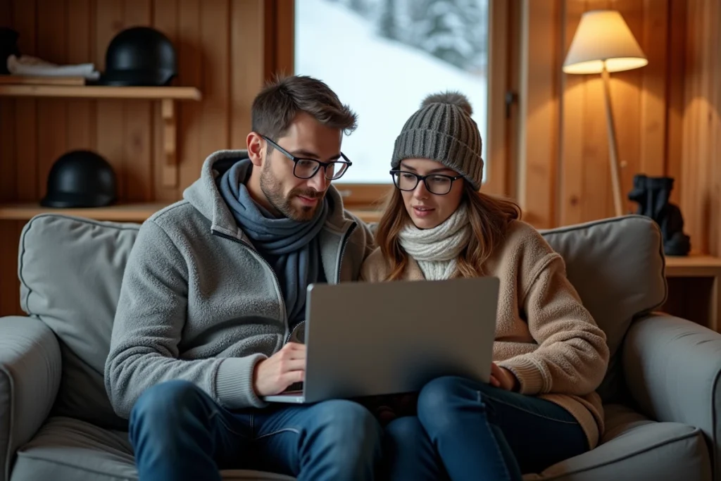 Couple de locataires vérifiant une annonce de location entre particuliers aux Menuires Croisette sur ordinateur portable