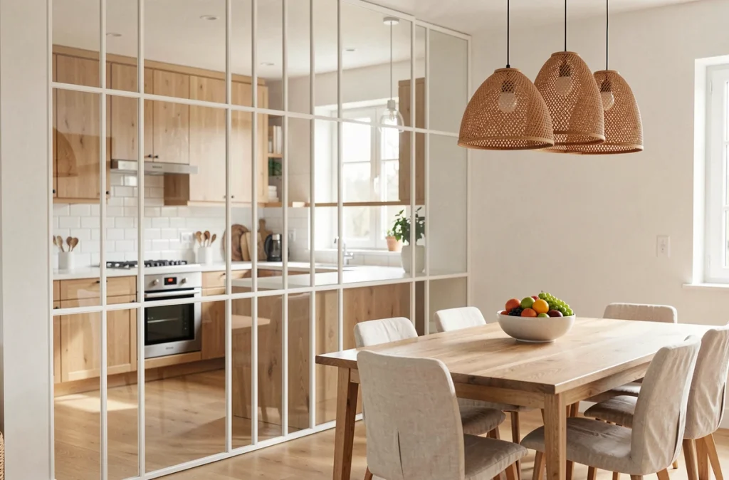 Verrière intérieure blanche séparant une cuisine et une salle à manger dans un intérieur de style scandinave