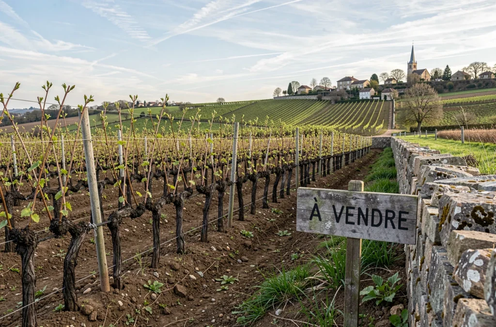 Panneau à vendre devant des rangées de vignes bordelaises au printemps, opportunité d'acquisition viticole