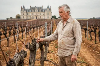 Viticulteur retraité contemplant son vignoble bordelais en automne avant une vente après retraite