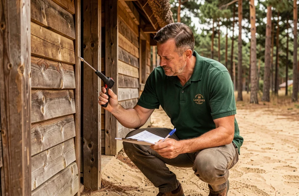 Expert d'Activ'Expertise Landes inspectant la structure en bois d'une maison landaise traditionnelle