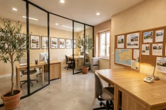 Bureau moderne d'une agence de gestion locative dans l'Hérault avec mobilier en bois et carte de la région