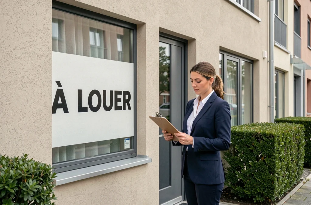 Femme agent immobilier devant un immeuble résidentiel avec panneau À Louer en PVC affiché en vitrine