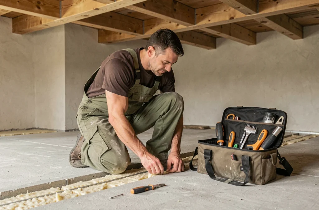Installateur d'Artipac en train de sceller l'isolation de sol dans une maison en cours de rénovation en Bretagne