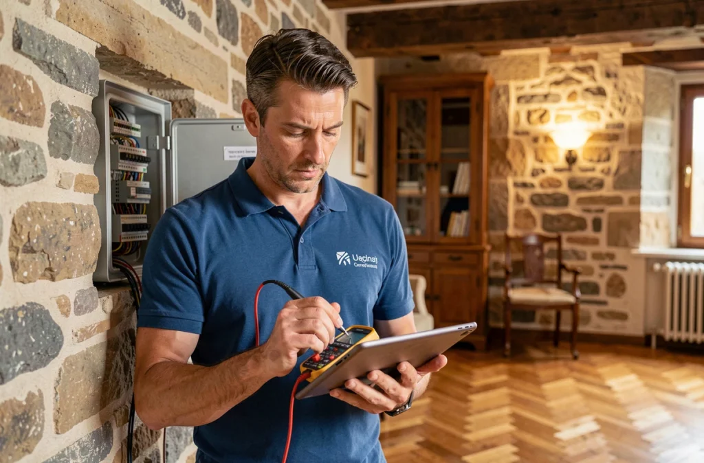 Diagnostiqueur d'Audit et Diagnostic Bordeaux inspectant un tableau électrique dans un appartement ancien
