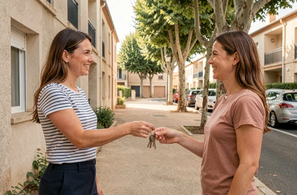 Agente d'Avenue Immobilier au Crès remettant les clés d'un appartement à un locataire devant une résidence