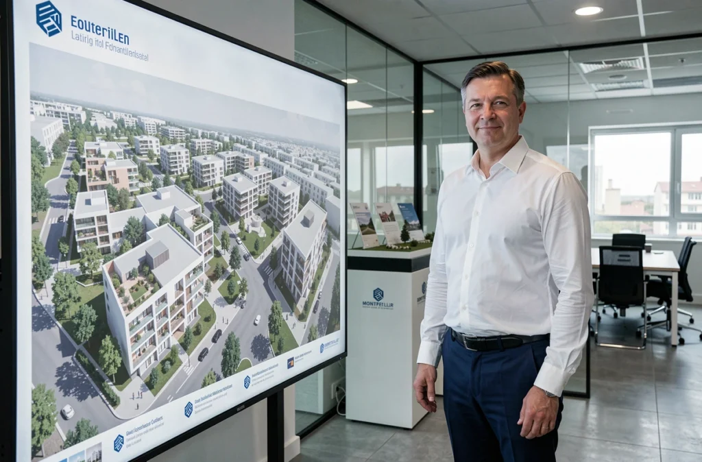 Responsable de COGIM devant un plan de promotion immobilière dans les bureaux de Montpellier