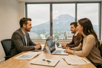 Courtier en prêt immobilier recevant un couple dans une agence moderne avec vue sur le Puy-de-Dôme