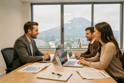 Courtier en prêt immobilier recevant un couple dans une agence moderne avec vue sur le Puy-de-Dôme