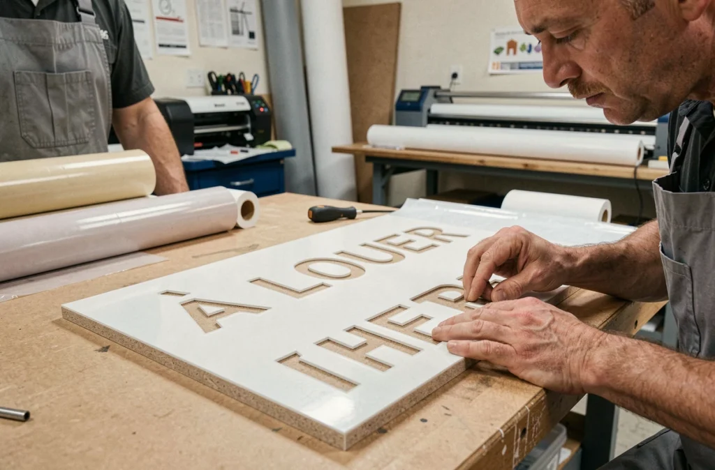 Gros plan sur les matériaux d'un panneau À Louer en dibond avec lettrage acrylique en atelier de sérigraphie