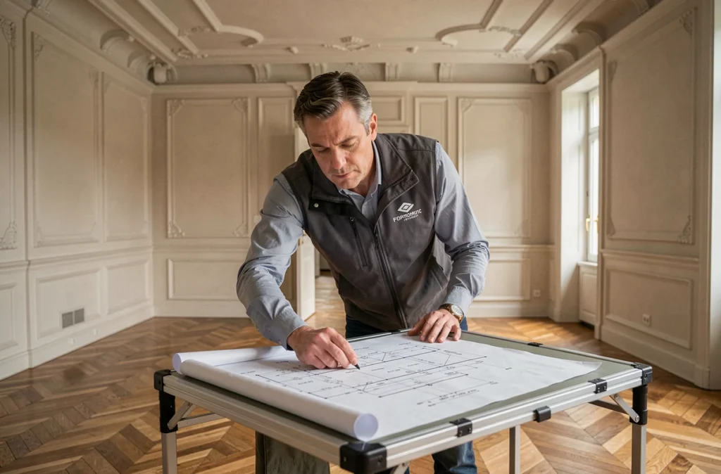 Expert DGLM Expertises étudiant des plans techniques dans un appartement haussmannien de Bordeaux
