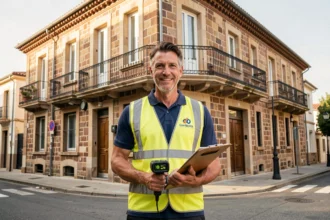 Diagnostiqueur immobilier professionnel devant un immeuble en pierre de Bordeaux, Nouvelle-Aquitaine