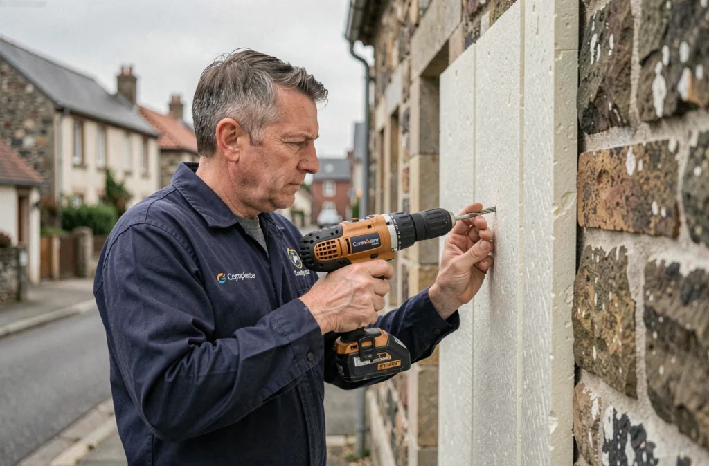Technicien d'Ets 1000 Ty Services posant des panneaux d'isolation extérieure sur une maison bretonne